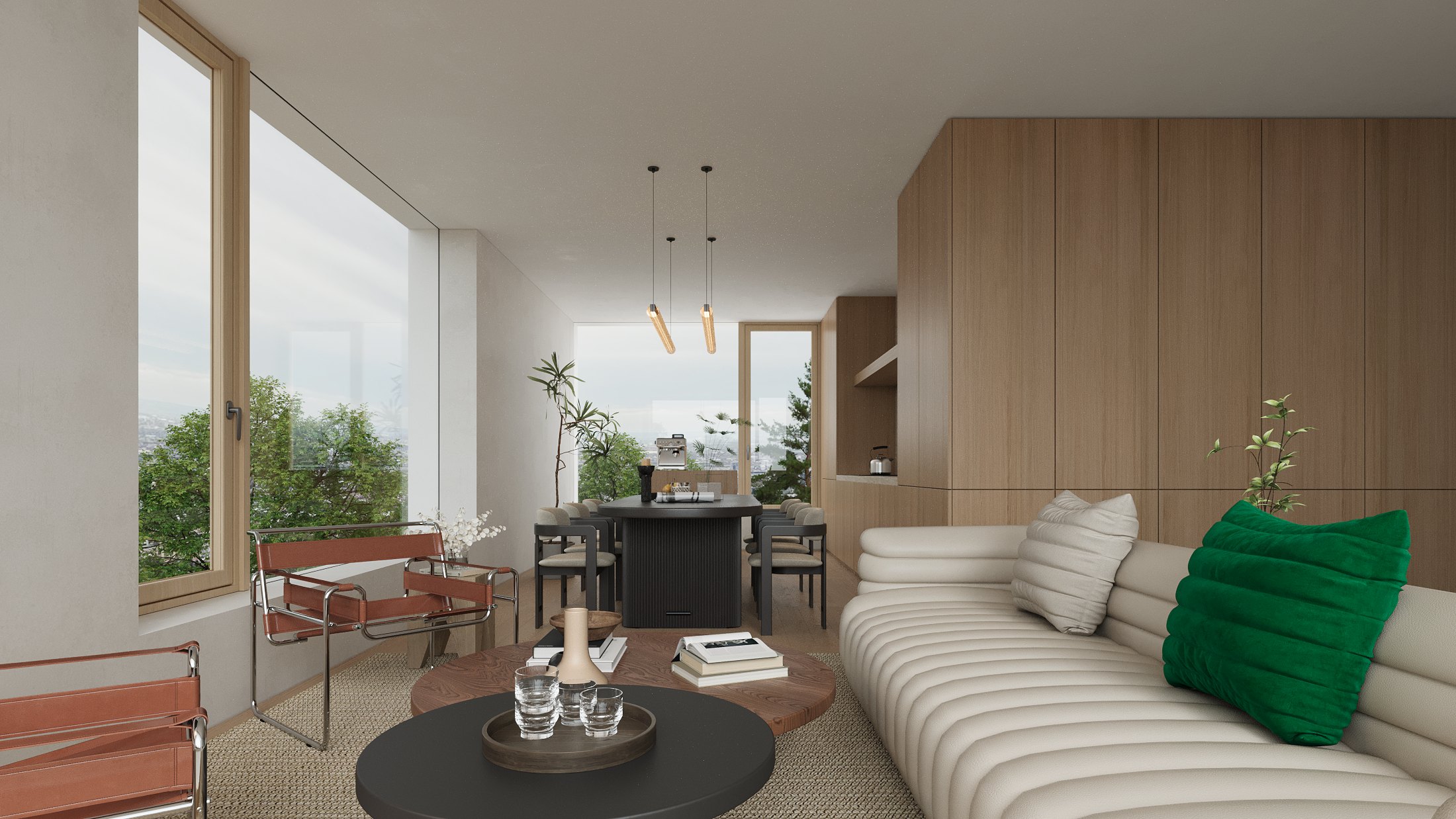 Living and dining space with full-height windows towards the city and the hills