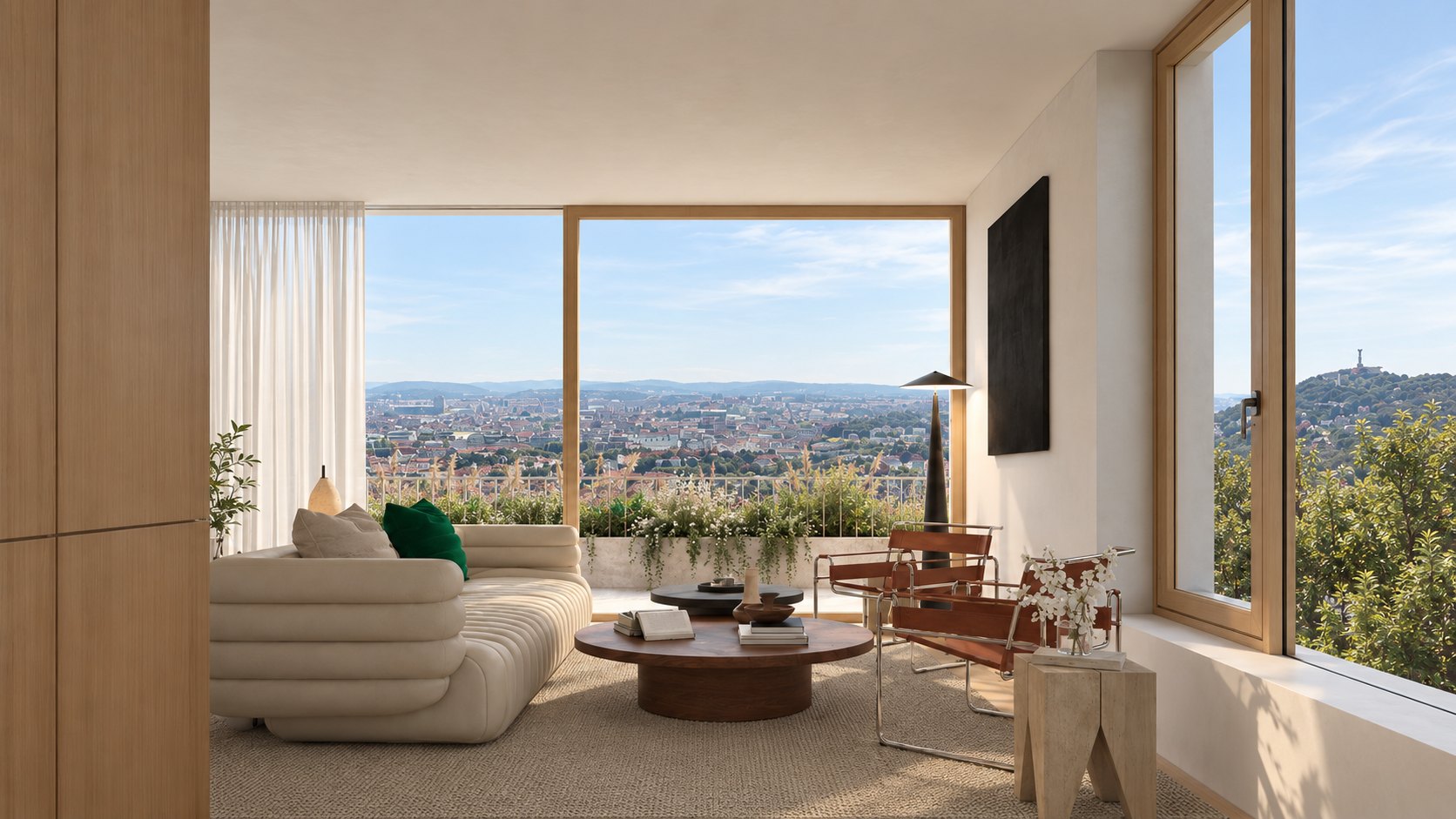 The Penthouse living room with a wide window over Budapest towards the Citadella