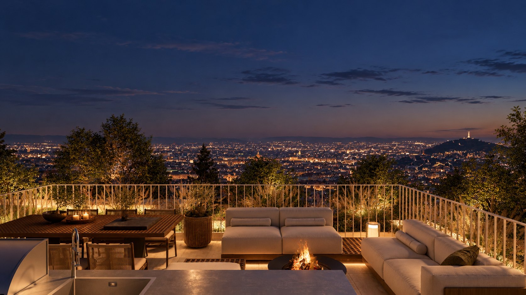 The Penthouse rooftop terrace at night, an outdoor kitchen and fire, Budapest's lights below